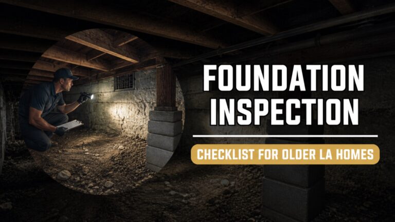 Foundation inspection in the crawl space of an older Los Angeles home