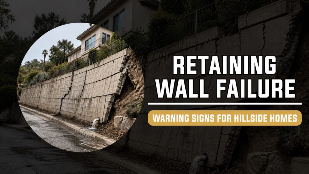 Retaining wall failure signs at a Los Angeles hillside home